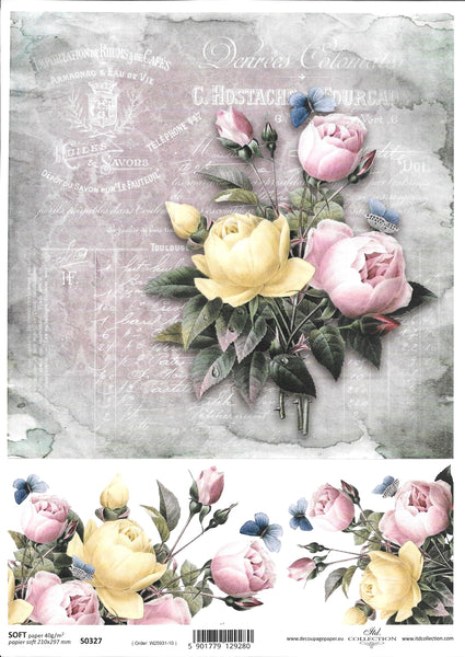 Yellow and Pink Rose Soft Decoupage Paper