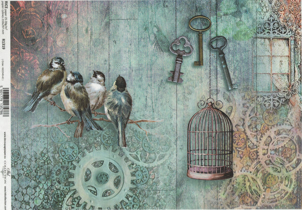 Vintage Key and Birds Rice Paper