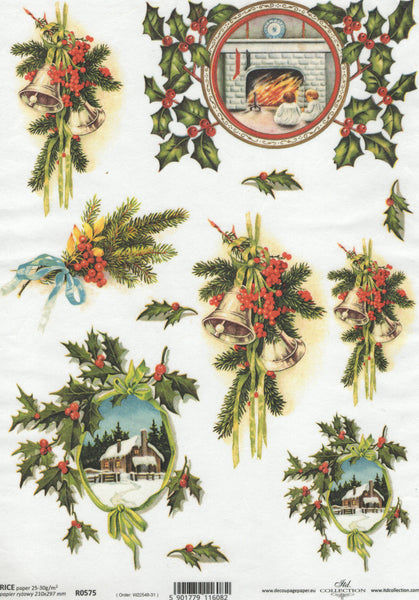 Vintage Evergreen and Holly Rice Paper